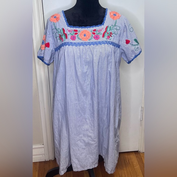 Roller Rabbit Blue & White Stripe Floral Embroidered Crochet Shift Dress Sz L/XL